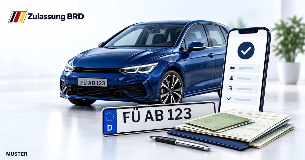 Online Fahrzeugzulassung in Oberasbach: Musterkennzeichen FÜ AB 123, Auto und Fahrzeugpapiere und Smartphone. Illustration mit Logo von Zulassung BRD.